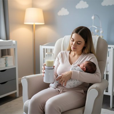 bebe dormant dans bras maman tenant chauffe biberon portatif