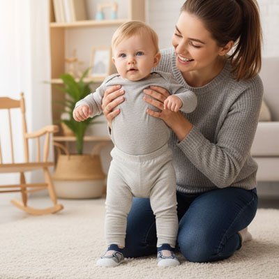maman souriante assise tenant bebe souriant portant chaussure pour bebe
