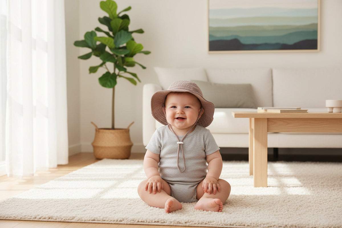 bebe assis dans salon portant chapeau anti UV bebe