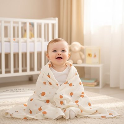 bebe assis sur sol couvert avec couverture bebe