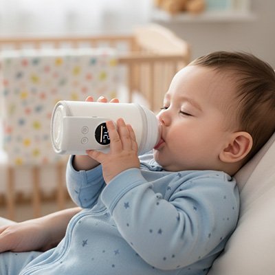 bebe buvant biberon dans chauffe biberon portable