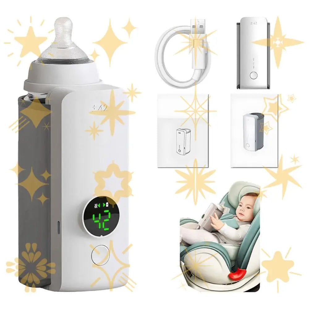 bebe dans nacelle tenant chauffe biberon portable