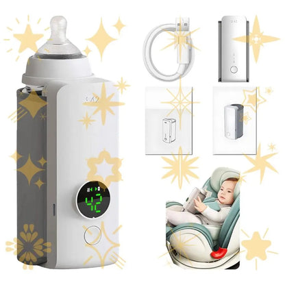 bebe dans nacelle tenant chauffe biberon portable
