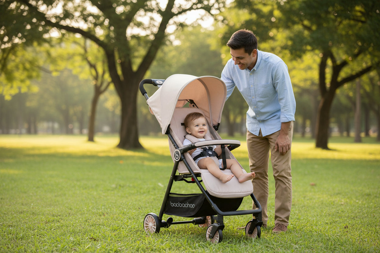 bebe dans poussette bebe au parc proche papa