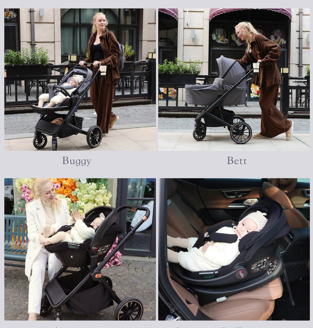bebe dans poussette compacte aux endroits différents