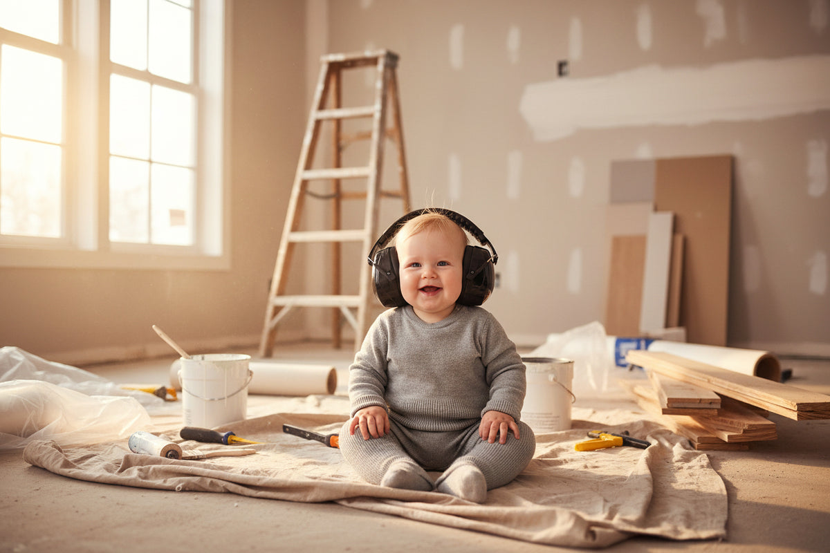 bebe portant casque anti bruit assis dans appartement en travaux
