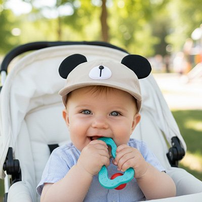 bebe portant casquette bebe beige ayant oreille ours