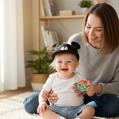 bebe portant casquette bebe noir ayant oreille ours