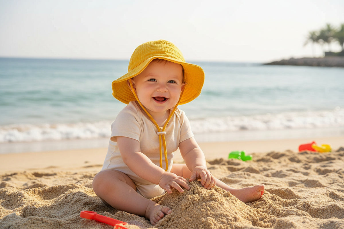 bebe portant chapeau anti UV bebe a plage