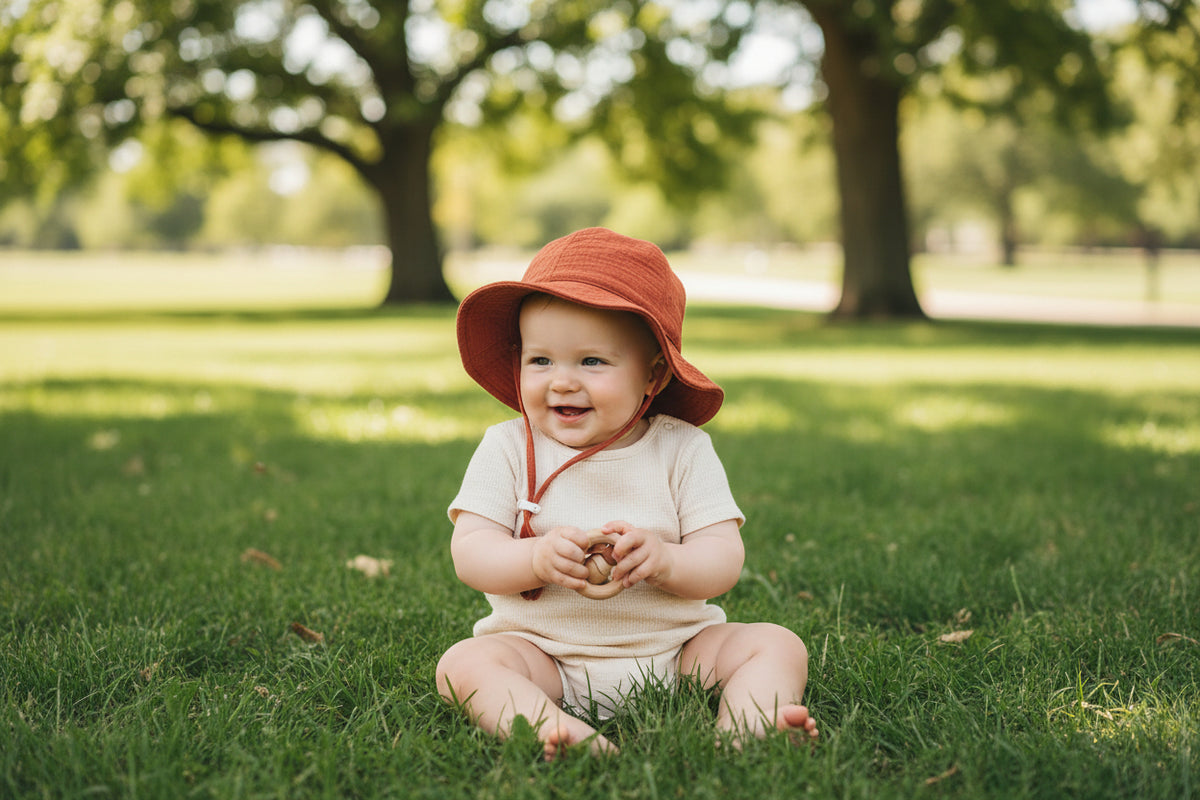 bebe portant chapeau anti UV bebe au parc