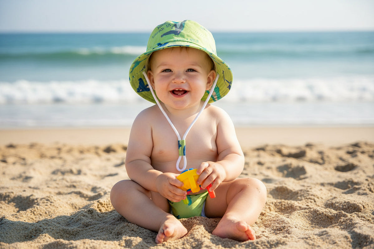 bebe portant chapeau anti UV bebe motif dinosaure a plage