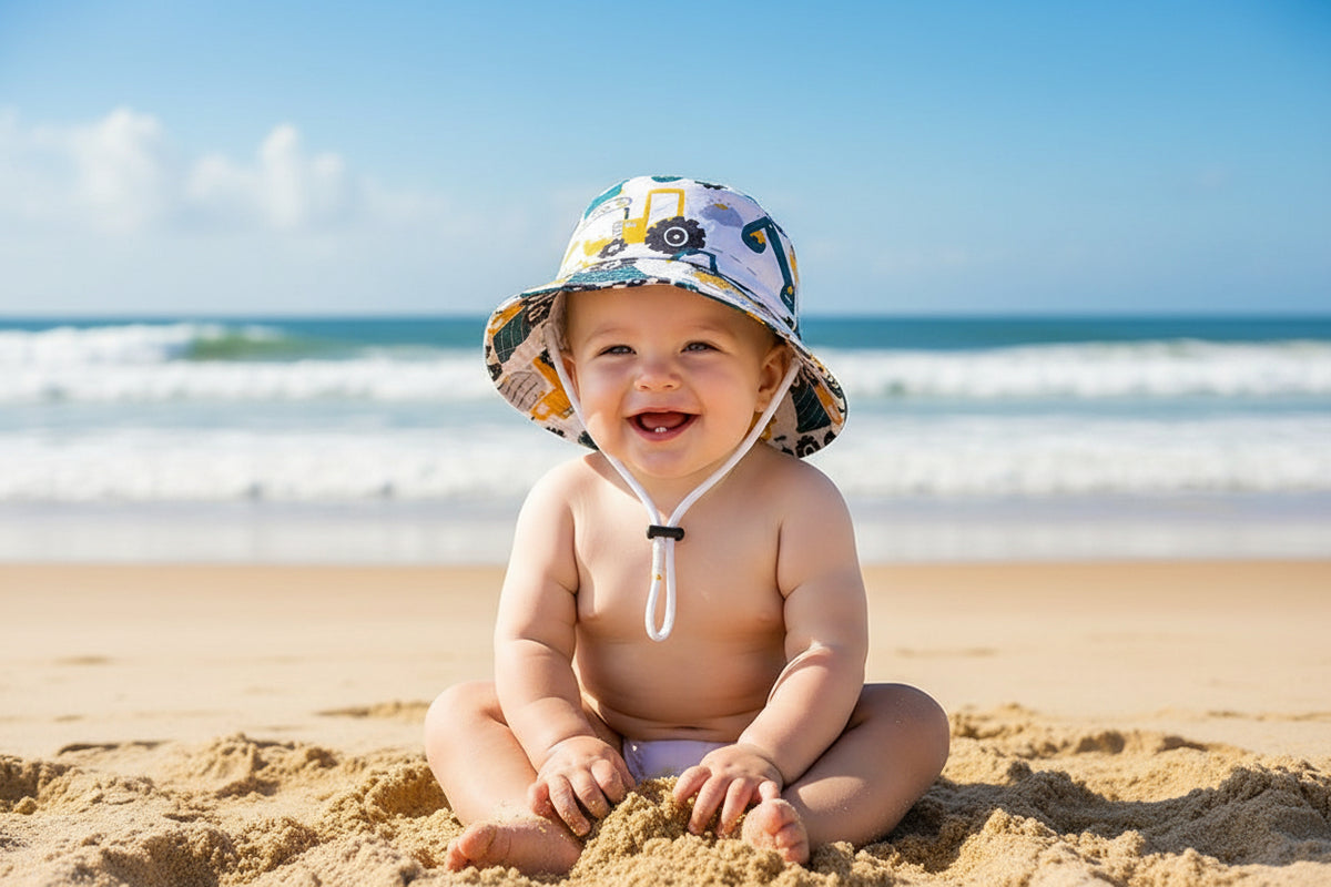 bebe portant chapeau anti UV bebe motif tracteur a plage