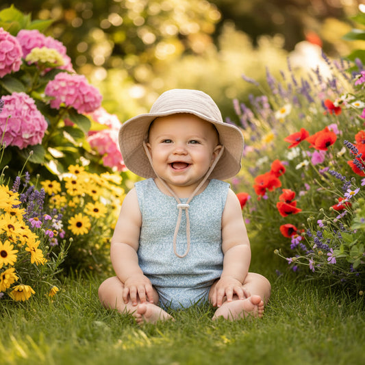 bebe portant  chapeau dans jardin