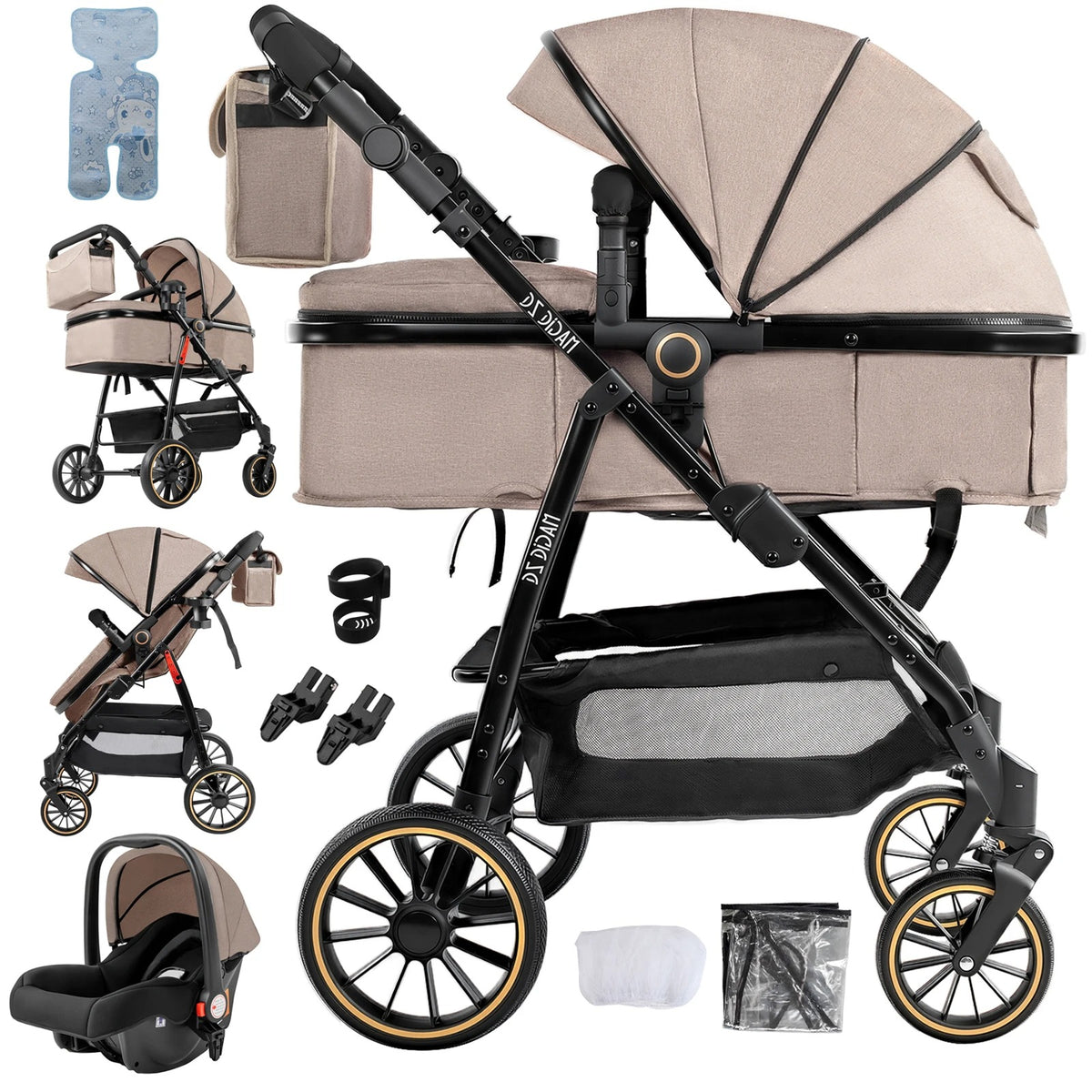 bebe poussette beige et accessoire