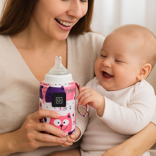bebe souriant dans bras maman regardant chauffe biberon portable