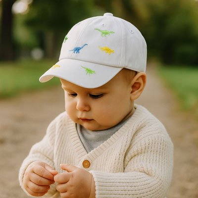 bebe souriant portant casquette bebe blanc au parc