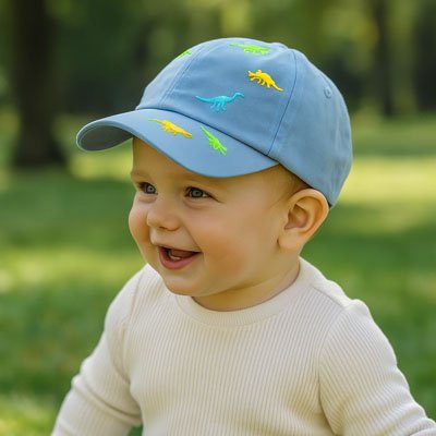 bebe souriant portant casquette bebe bleu au parc
