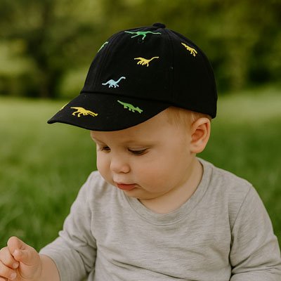 bebe souriant portant casquette bebe noir au parc