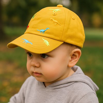 bebe souriant portant casquette bebe orange au parc