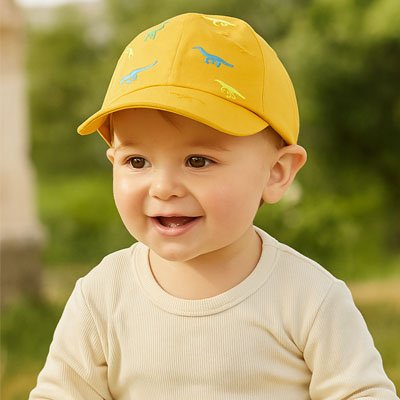 bebe souriant portant casquette bebe orange