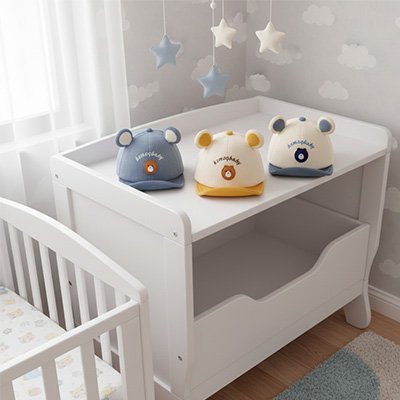 casquette bebe ajustable posée sur table