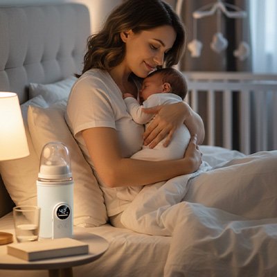 chauffe biberon portable proche maman tenant bebe dans lit