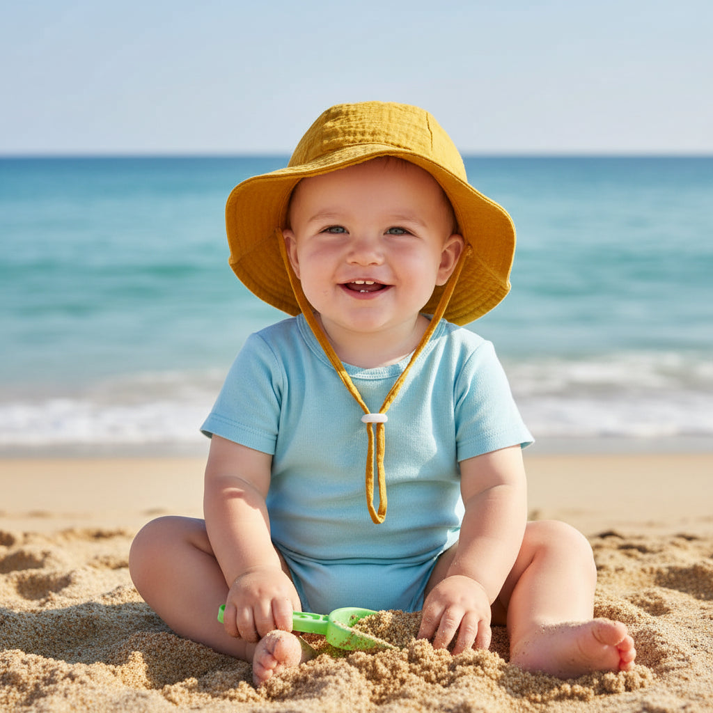 enfant portant bebe chapeau a plage