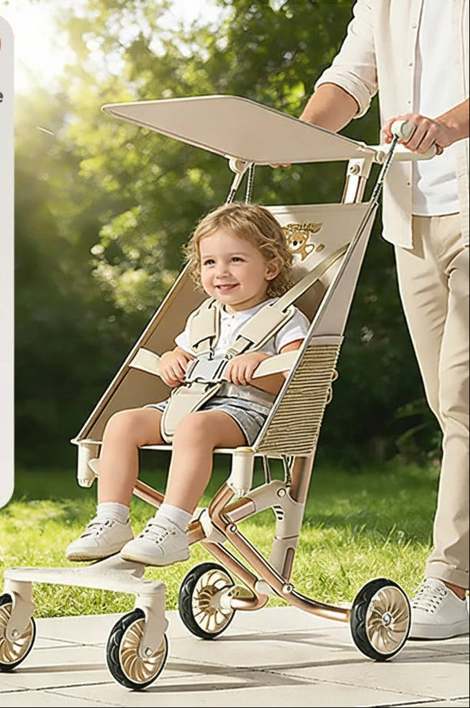 fille en poussette bebe conduit par papa