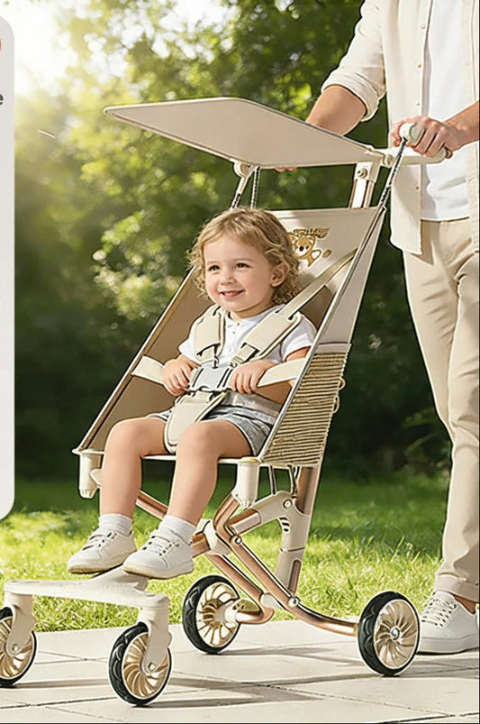 fille en poussette bebe conduit par papa
