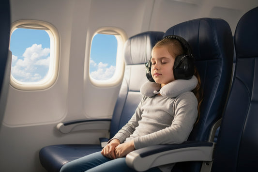 fille portant casque anti bruit pour bebe assise dans avion