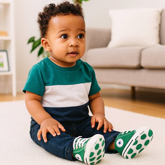 garçon assis portant chaussure bebe vert