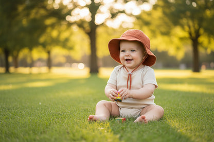 garçon portant bebe chapeau au parc