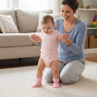 maman a genoux tenant bebe portant chaussure bebe rose