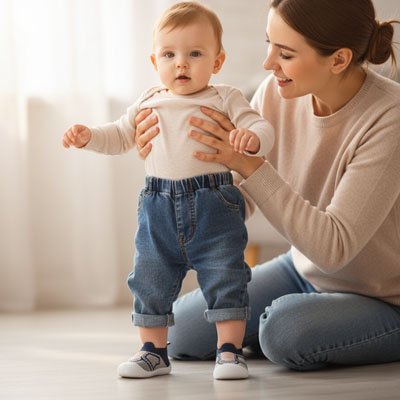 maman assise tenant bebe portant chaussure pour bebe noir