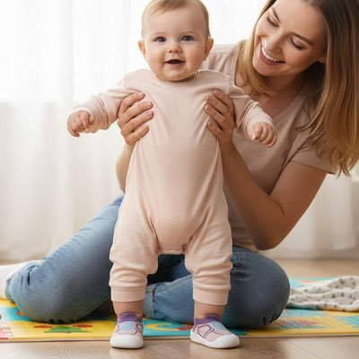 maman assise tenant bebe portant chaussure pour bebe