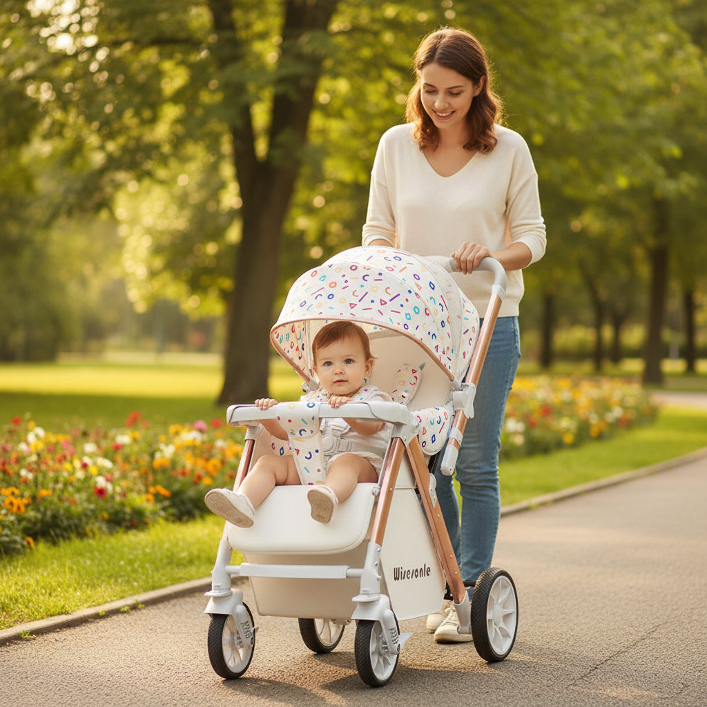 maman conduisant fille dans poussette pour les bébés