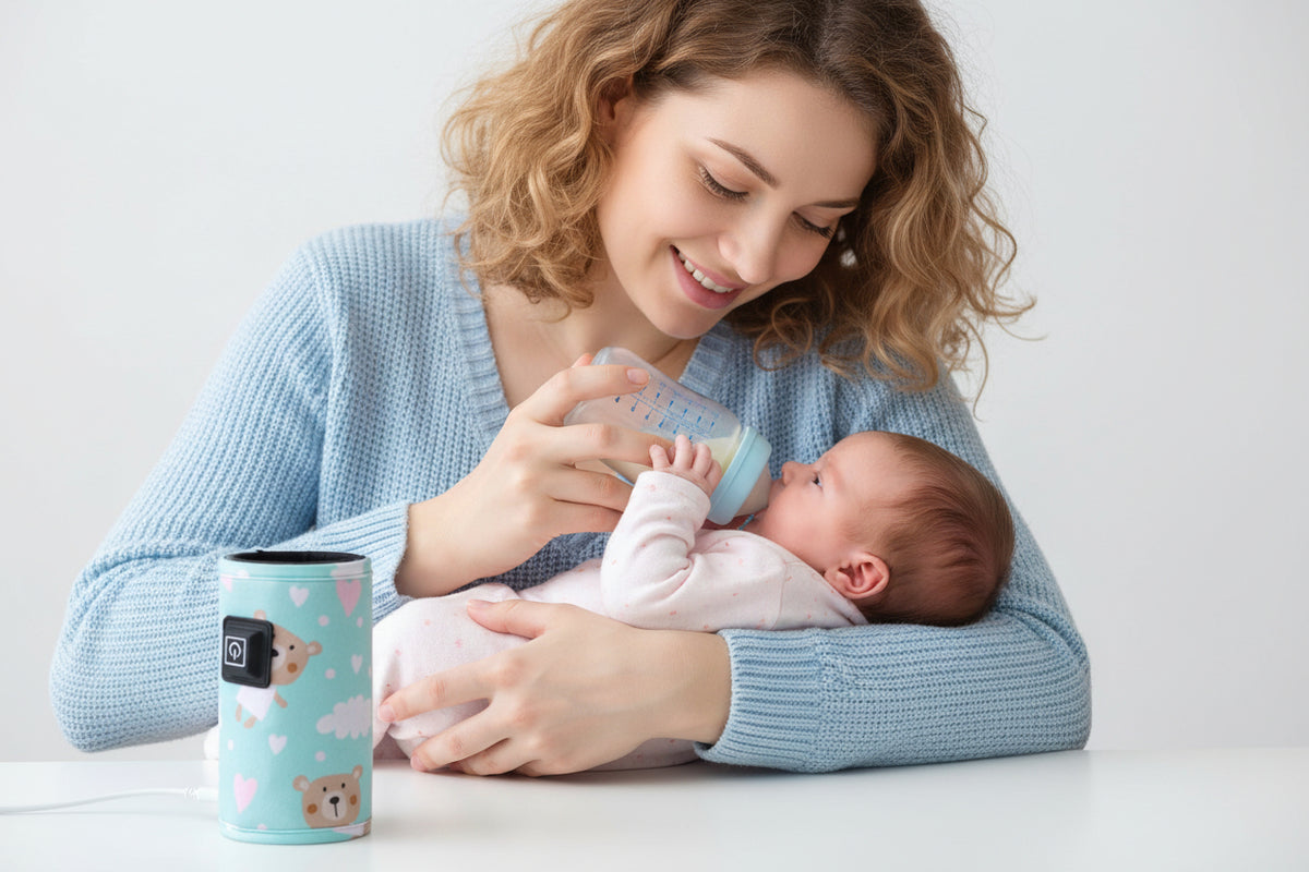 maman donnant biberon a bebe chauffe biberon portatif