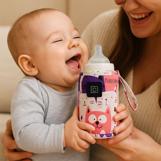 maman et bebe souriant tenant chauffe biberon portable