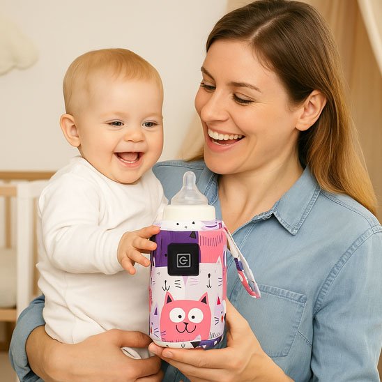 maman et bebe souriante tenant chauffe biberon portable