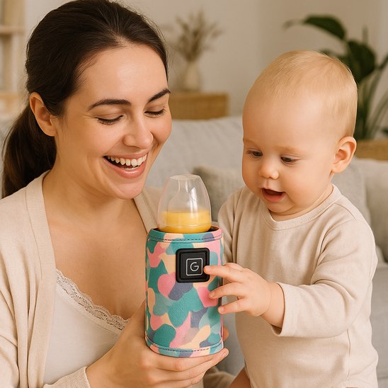 maman et bebe tenant chauffe biberon portable