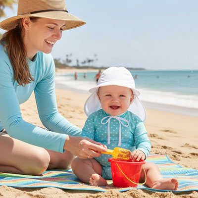 maman jouant avec bebe portant casquette bebe a plage