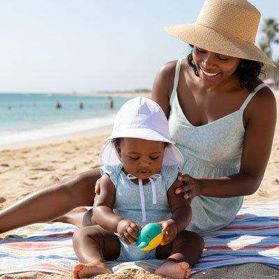 maman jouant avec bebe portant casquette bebe blanc a plage