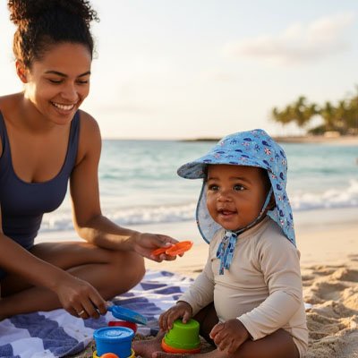 maman jouant avec bebe portant casquette bebe bleu a plage