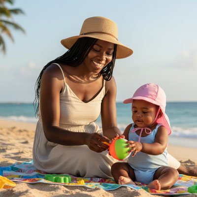 maman jouant avec bebe portant casquette bebe rose a plage