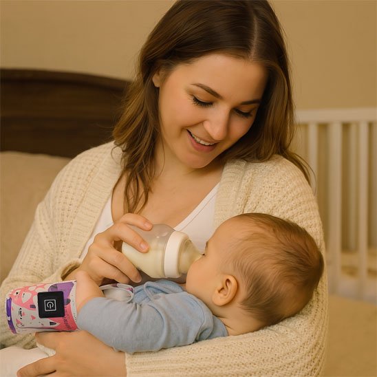 maman nourrissant bebe avec biberon près chauffe biberon portable