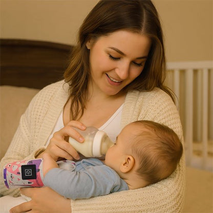 maman nourrissant bebe avec biberon près chauffe biberon portable