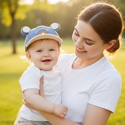 maman portant bebe portant casquette bebe ajustable