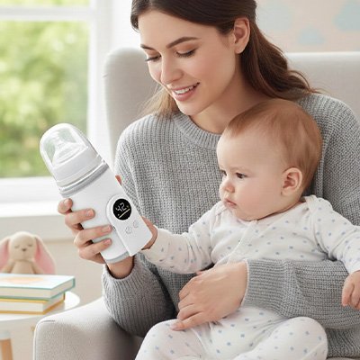 maman portant bebe tenant chauffe biberon portable