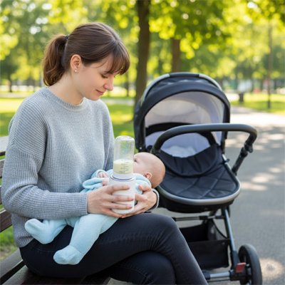 maman portant bebe tenant chauffe biberon portatif au parc