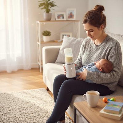 maman portant bebe tenant chauffe biberon portatif